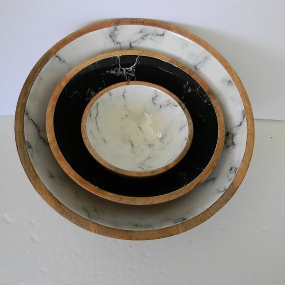 NEW Temp-tations x Alberti Set of (3) Mango Wood Bowls MARBLE STACKING SERVING. - Picture 3 of 4
